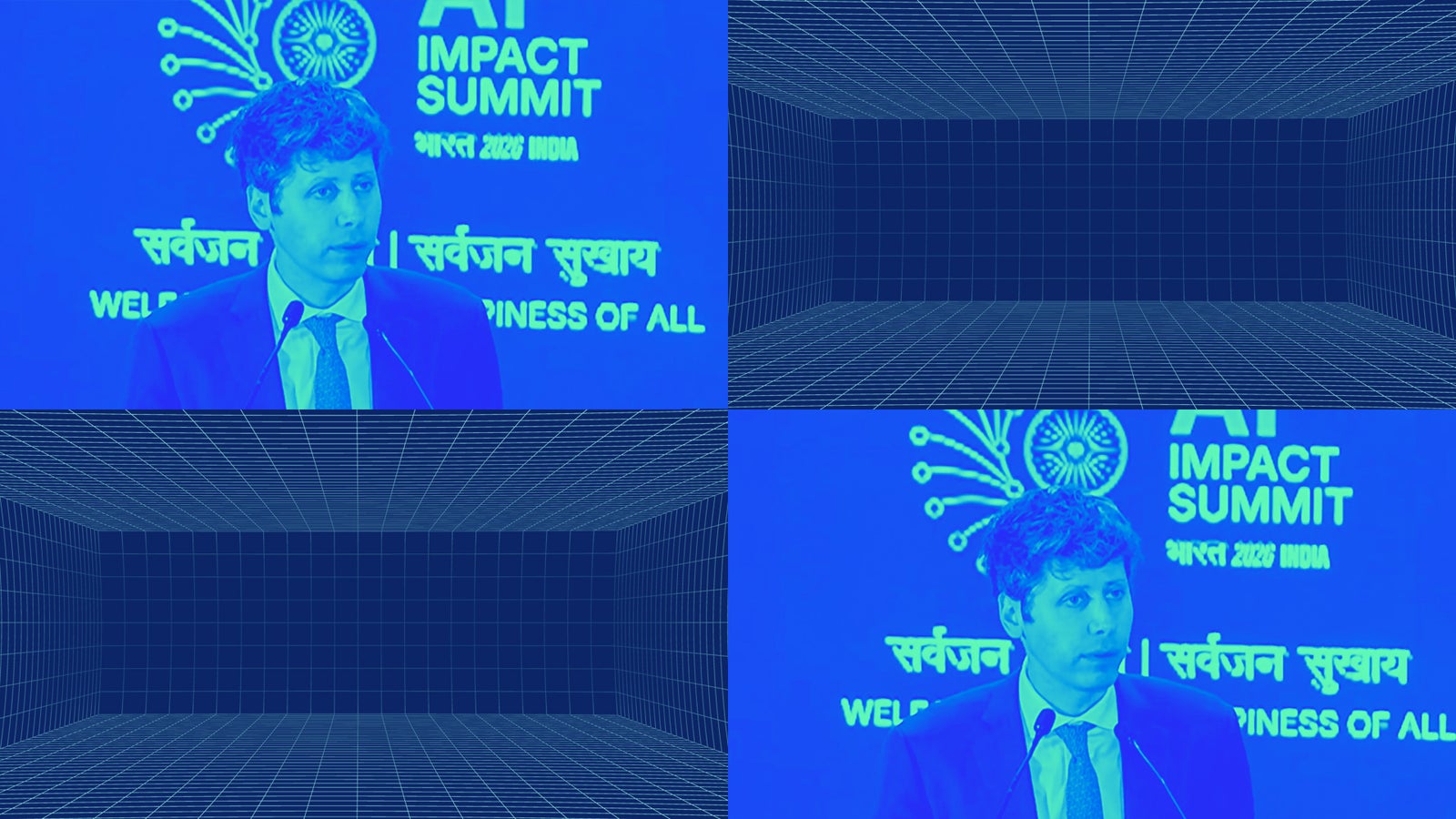 A man in a suit speaking at the AI Impact Summit, with blue tinted visuals and a grid background.