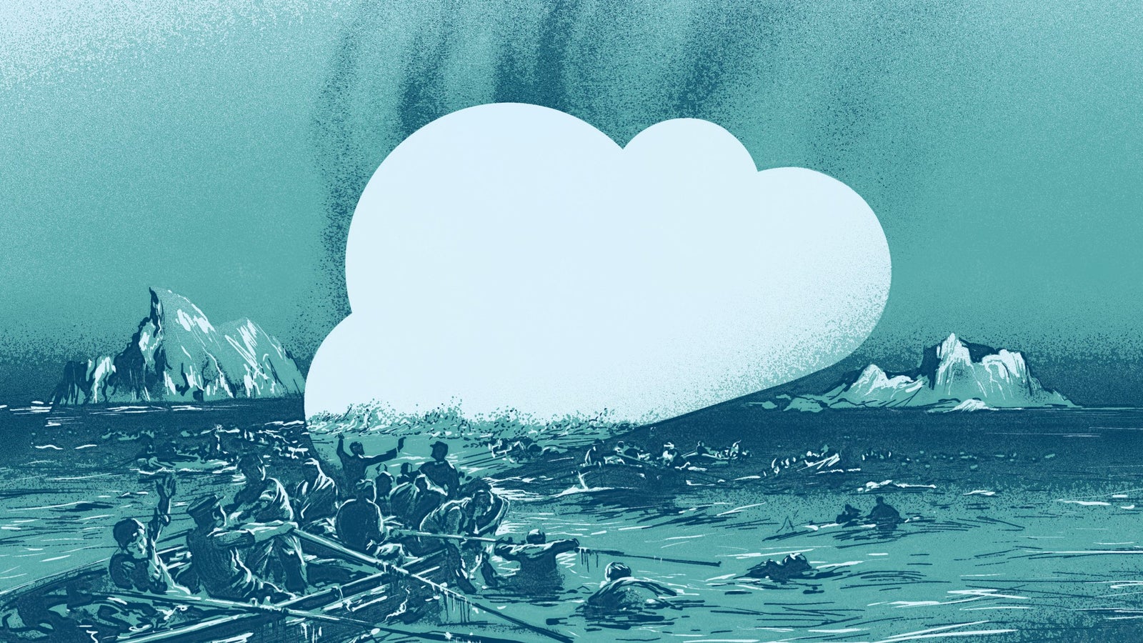 Artistic depiction of rowers in a stormy sea with icebergs, dominated by a large cloud shape.
