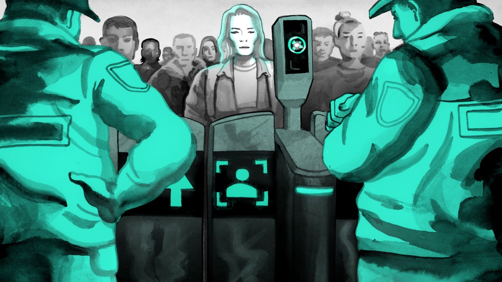 A black and white illustration with aqua highlights showing security officers monitoring people waiting to enter a subway entrance.