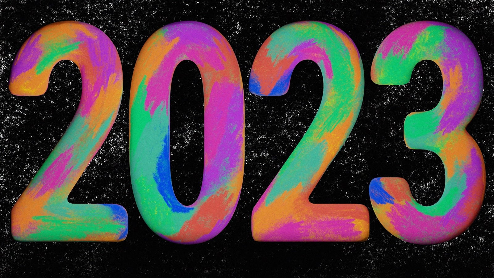 A colorful illustration of the number 2023 against a black background.