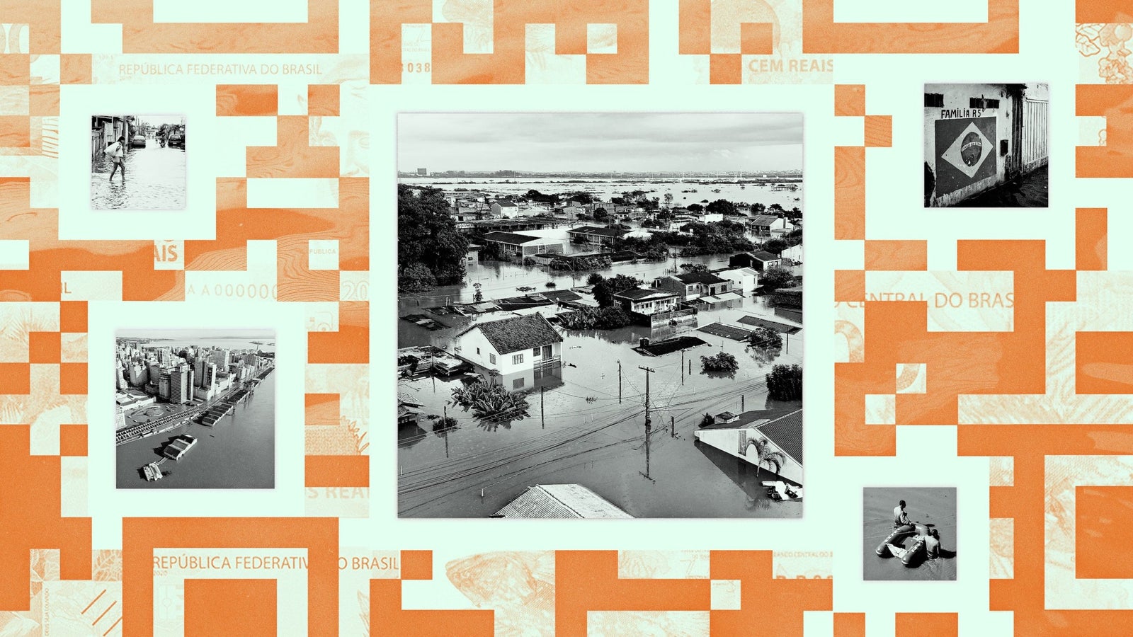 An illustration showing several black and white photos of flooded city-scapes surrounded by large pieces of a QR code.