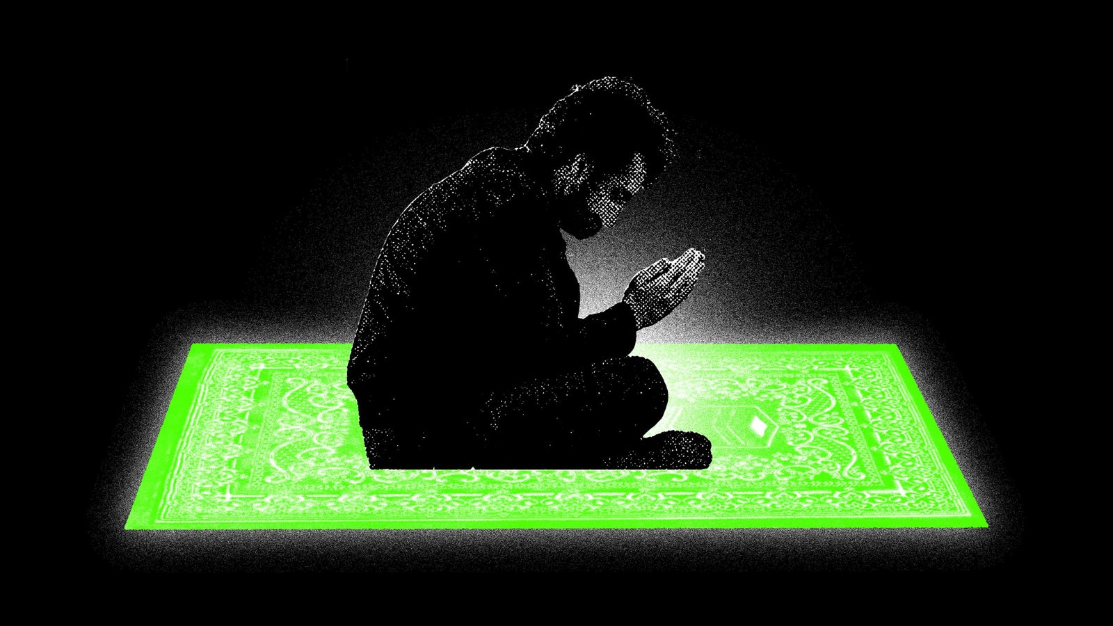 An illustration showing a man with their hands in prayer, seating on a glowing green prayer rug against a dark black background.