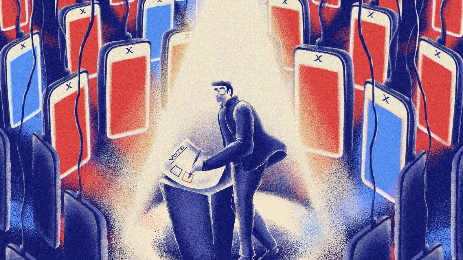 An illustration in a red and blue color palate of a person standing at a podium in the center of the frame, using a pen to mark on a voting sheet while surrounded by phones in a circle, hanging from wires.