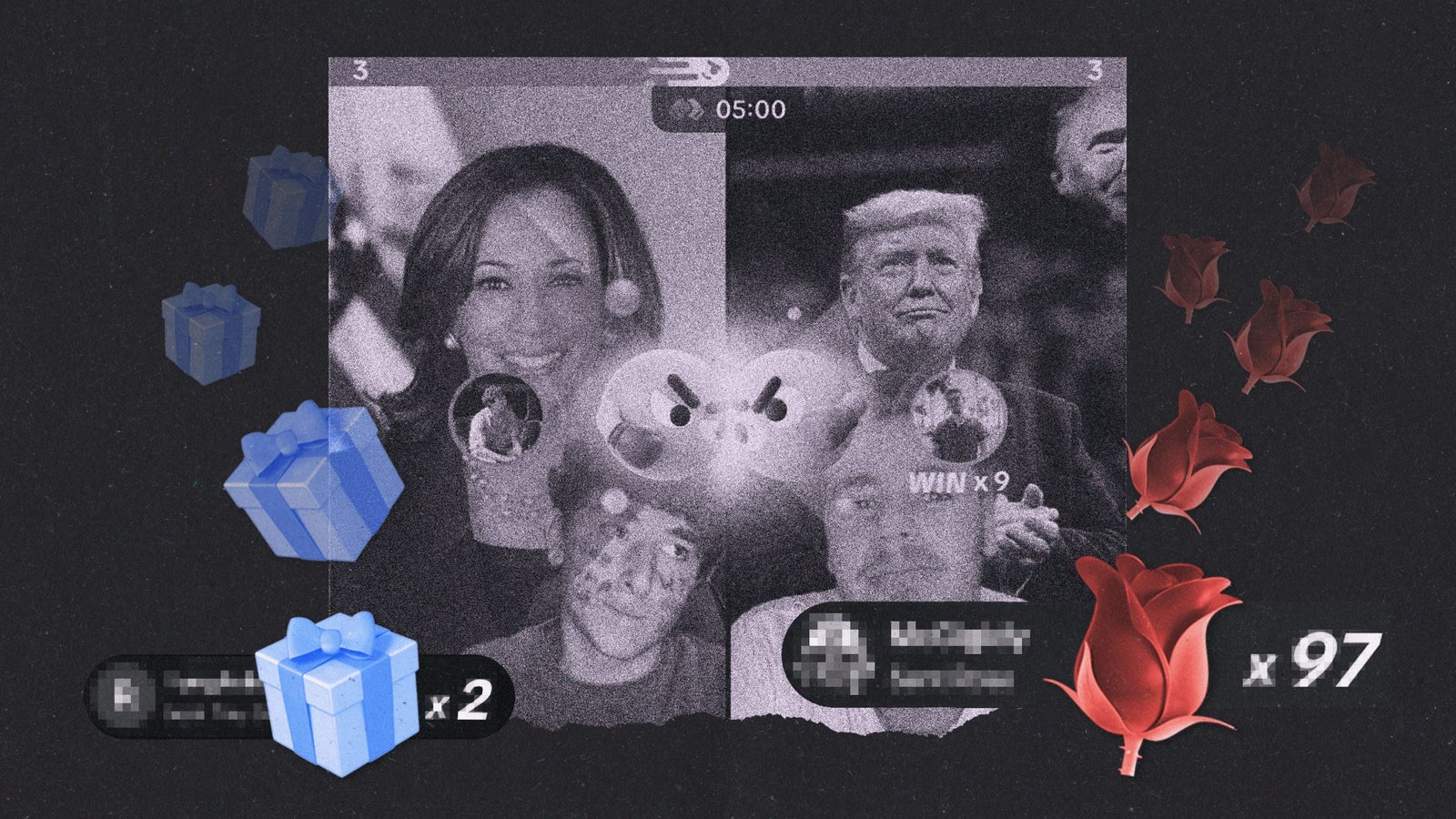 A collage of a screenshot from TikTok showing Kamala Harris, Donald Trump and TikTok users side-by-side. On the left side of the screenshot are blue gift boxes trailing upwards, on the right side are red roses trailing upwards with increasing transparency.