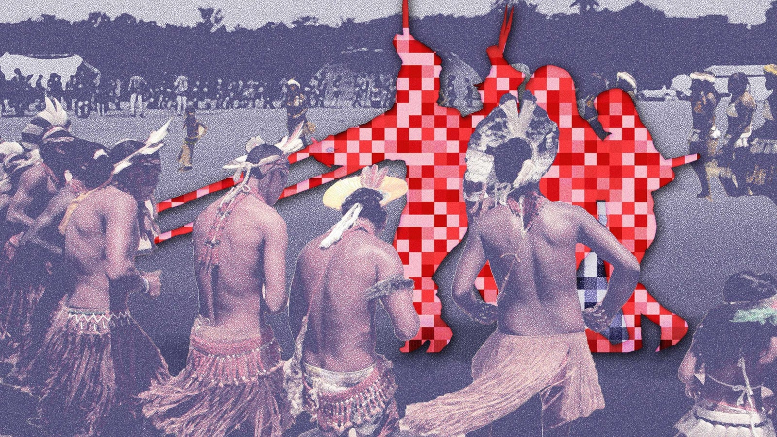 An illustration showing a digitally altered image of people dancing at a ceremony in Brazil, tinted with purple, and people cutout in the center of the frame, pixelated in red and pink.