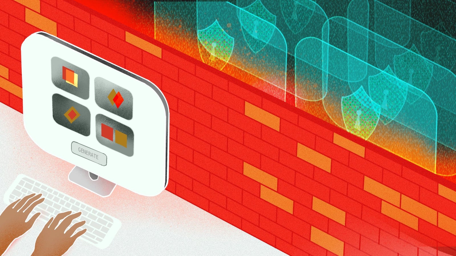 An illustration showing hands typing at a keyboard with blocked sites out of reach.