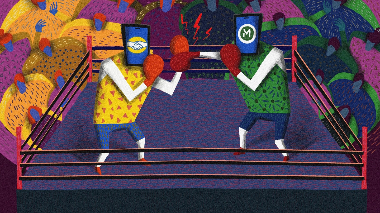 An illustration of two boxing figures with smartphone screens for heads are fighting in a colorful ring, surrounded by an animated crowd. One screen shows a Mercado Libre logo and the other shows a MODO logo.