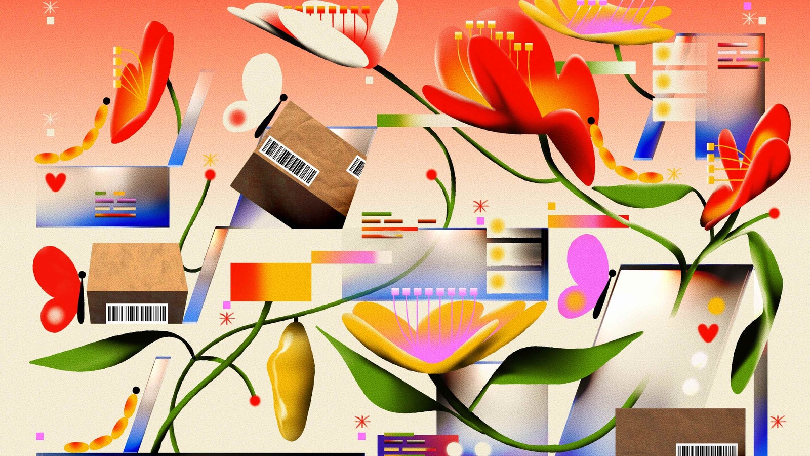 A colorful digital illustration featuring mobile interfaces, abstract flowers, butterflies, and brown boxes with barcode labels, set against a gradient background transitioning from peach to light cream.
