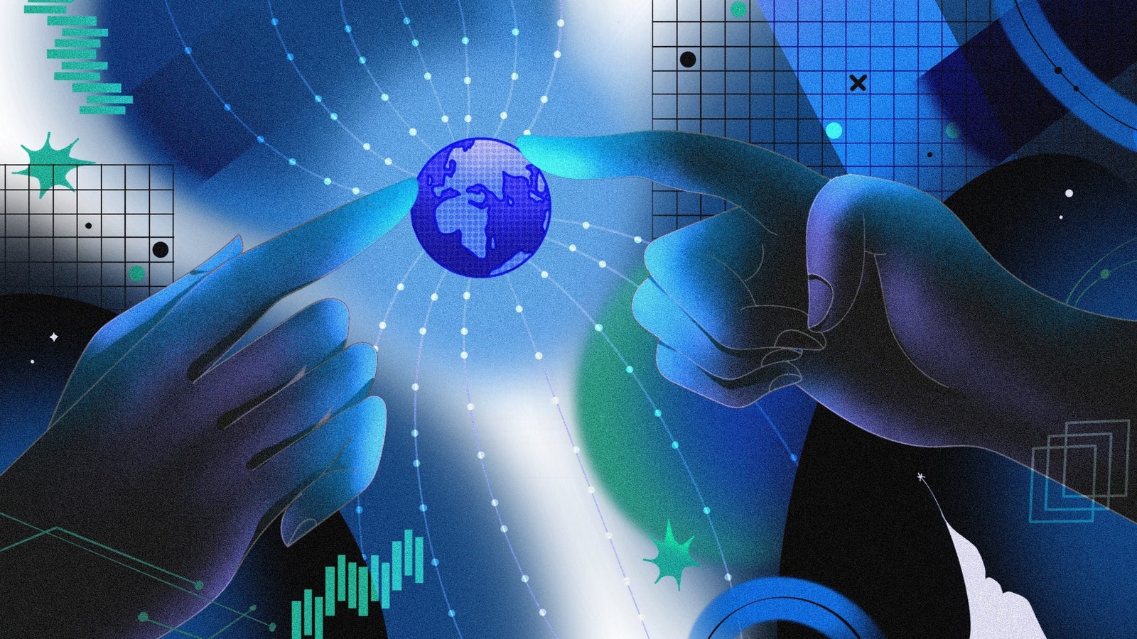 An abstract illustration depicting two hands reaching towards a blue globe, surrounded by various geometric shapes and graphical elements, set against a gradient background.
