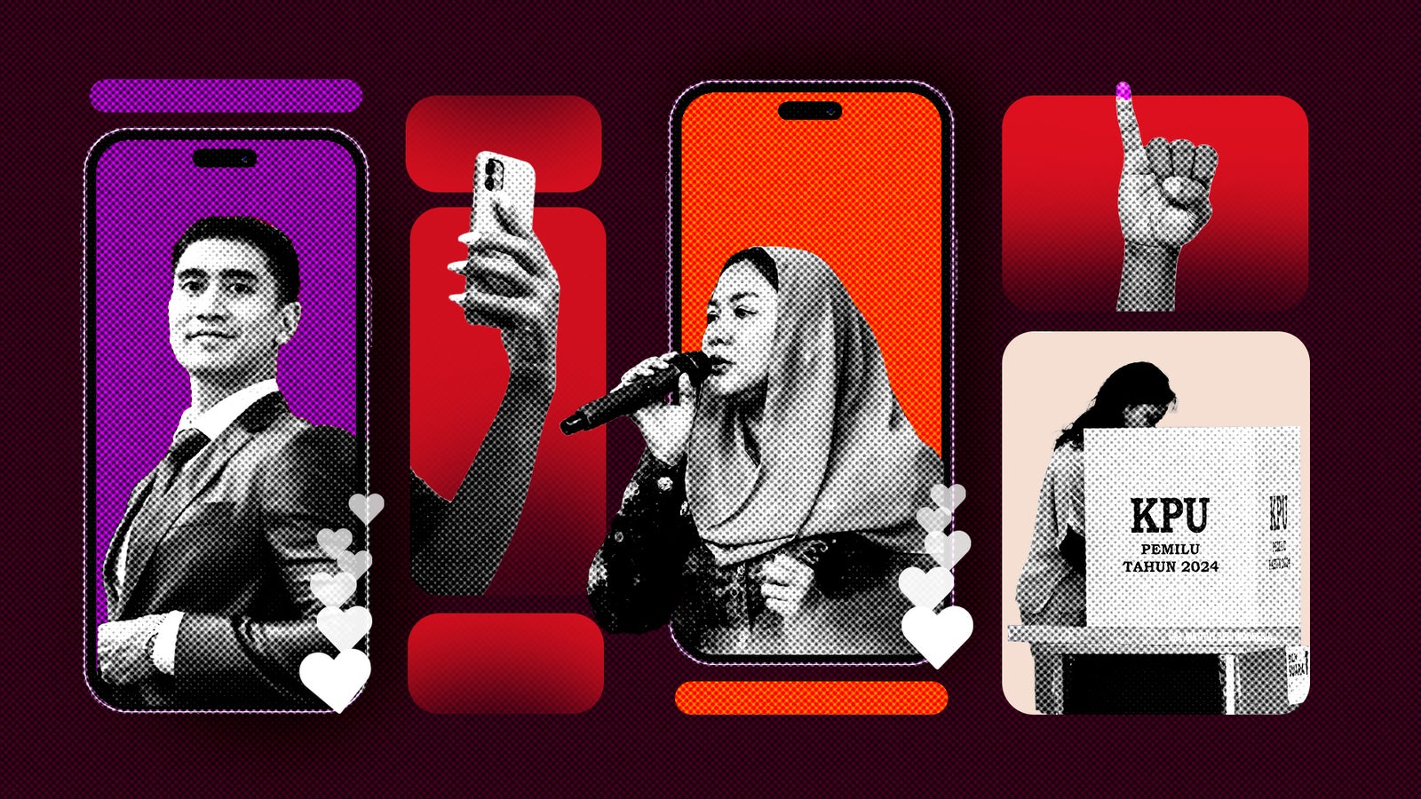 A graphic collage featuring four smartphone frames and indonesian influencers: a man in a suit smiling, a woman speaking into a microphone, a hand with a purple inked finger after voting, and a person behind a voting booth labeled "KPU PEMILU TAHUN 2024," on a red background with hearts.