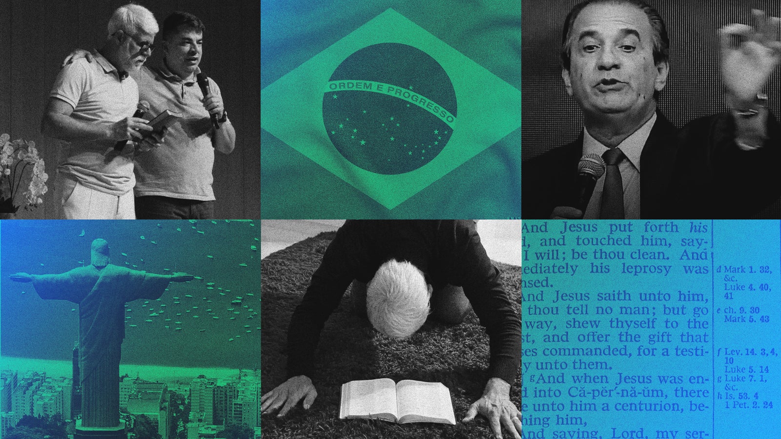 A grid of monochrome and green tinted images showing the Brazil flag, evangelical creators, pages of the Bible, Christ the Redeemer statue.