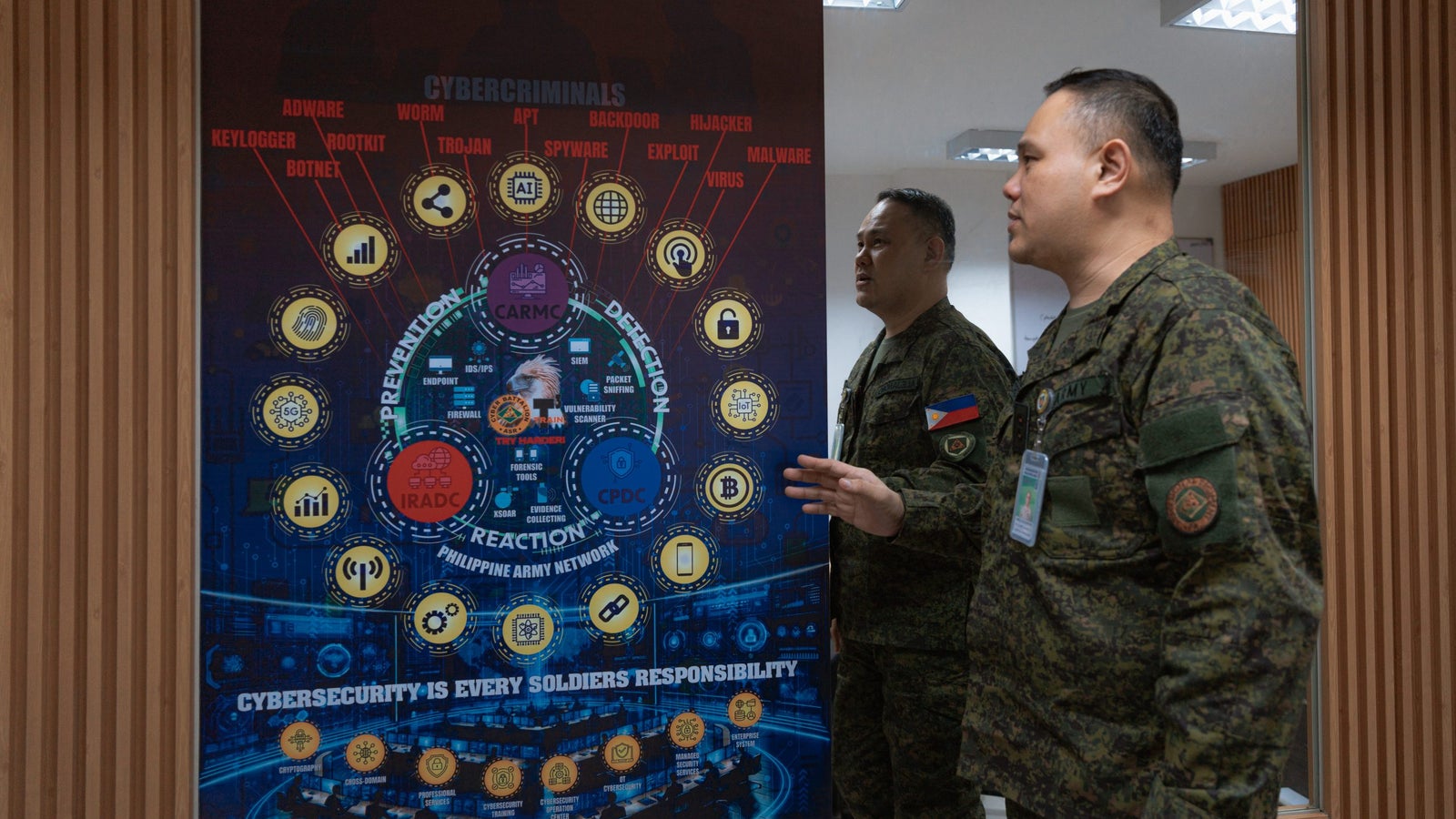 Lt. Col. Ariel Alejandro, Commanding Officer of the Philippine Army’s Cyber Battalion, shows a poster summarizing the responsibilities of the Cyber Battalion in his office.