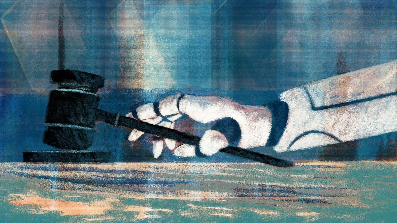 A stylized illustration of a robotic hand holding a gavel, ready to strike a surface, with a blurred blue and brown background.