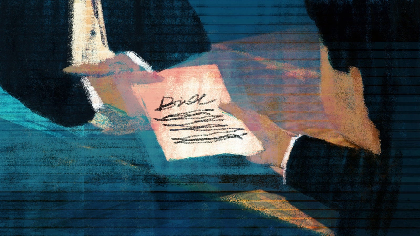 An abstract illustration depicting two hands exchanging a document with the word "Bill" written on it, set against a textured blue and orange background.