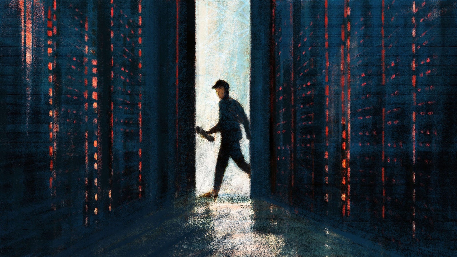 An illustration of a silhouette of a person walking through a narrow corridor flanked by rows of dark data server racks illuminated by faint red and orange lights.