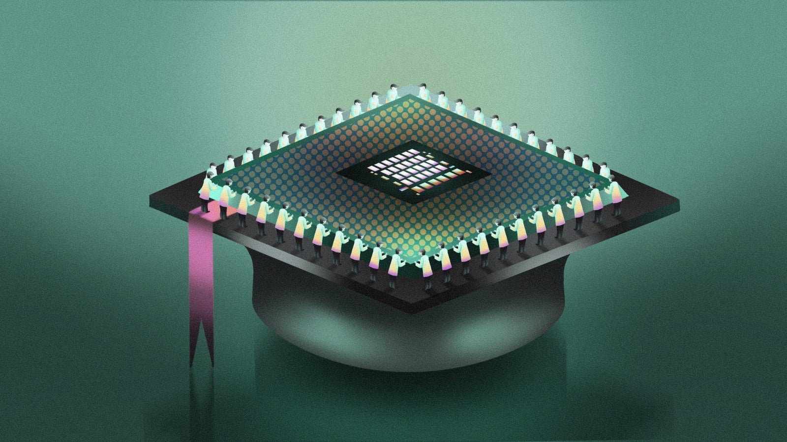 A stylized illustration of a large, graduation cap with the surface of the cap resembling a semiconductor chip, surrounded by small figures in lab coats who appear to be working on it, with a gradient color scheme and a green background.