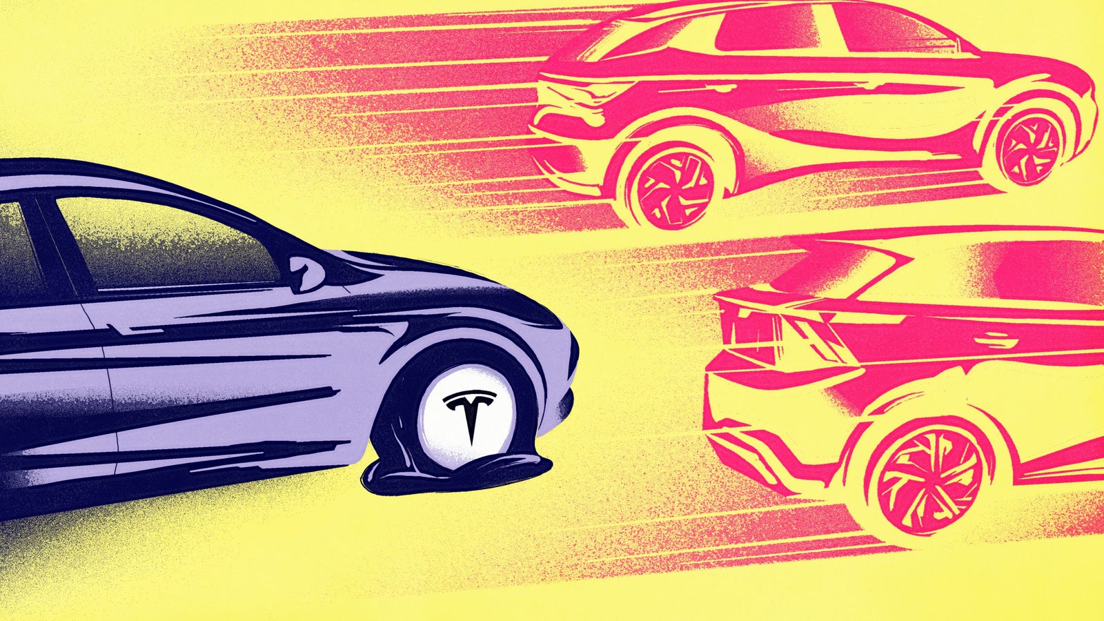 An illustrated scene featuring a blue Tesla car with a flat tire, in motion amid two speeding vehicles in pink against a vibrant yellow background.