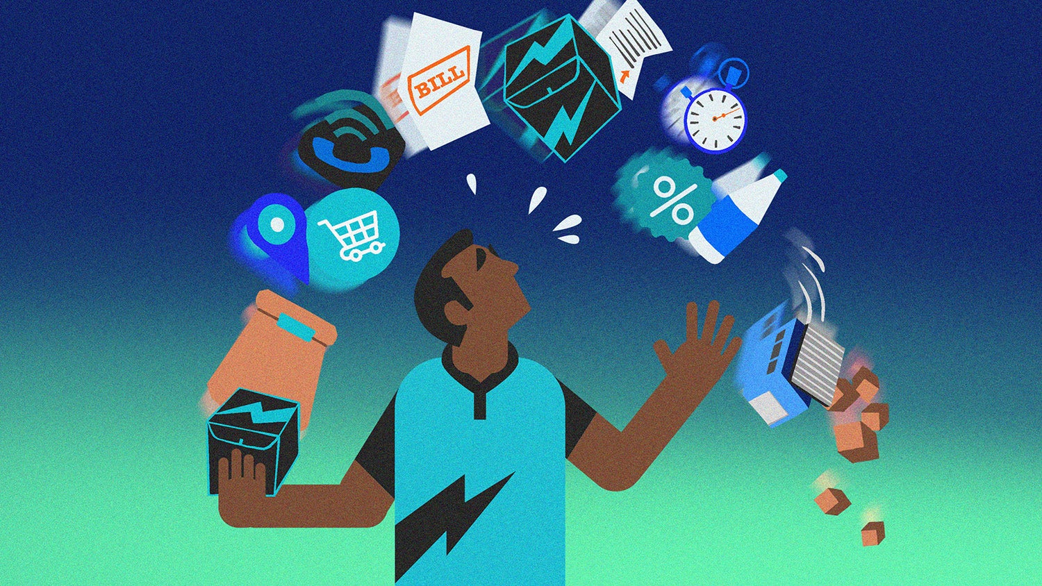 A person juggling various icons representing tasks and items, including a bill, shopping cart, water bottle, and clock, against a gradient blue and green background, illustrating multitasking and management.