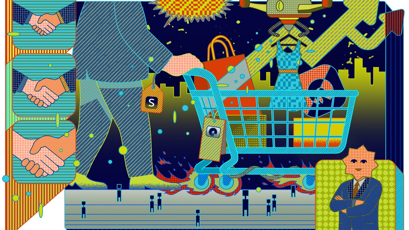 A vibrant digital illustration featuring a businessman in a suit pushing a shopping cart filled with products, including a blue dress, while a drone hovers above. The background depicts a city skyline and stylized line graphs indicating growth. Several handshake icons are visible on the left, and a smiling figure in a suit with crossed arms is seen in the bottom right corner.