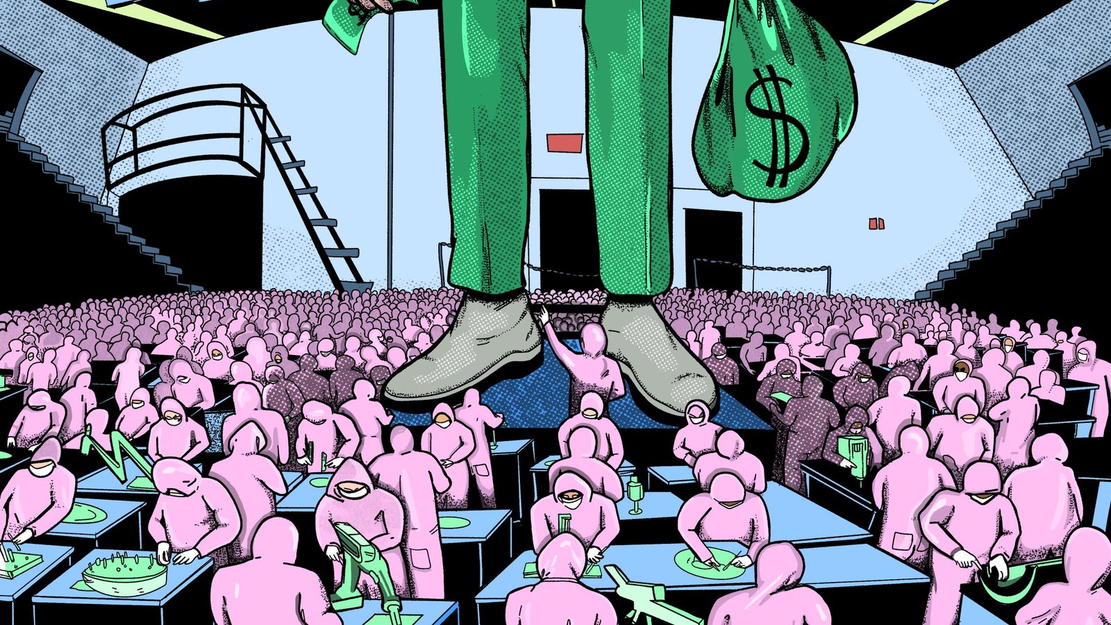 A towering figure in green trousers and grey shoes stands over a crowd of pink, hooded figures working at tables filled with various tools and equipment, some holding money and others looking upward. The setting is a stark, industrial-like space with bright lighting and a staircase leading up to a balcony.