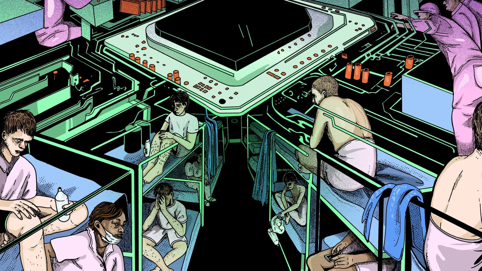 An illustrated scene depicting individuals in a futuristic, high-tech setting resembling a computer circuit board. Several people sit or lie on small bunks, appearing distressed or disoriented, while a figure in a pink outfit operates machinery above. The environment is dark with neon green and purple highlights, emphasizing a surreal and dystopian atmosphere.