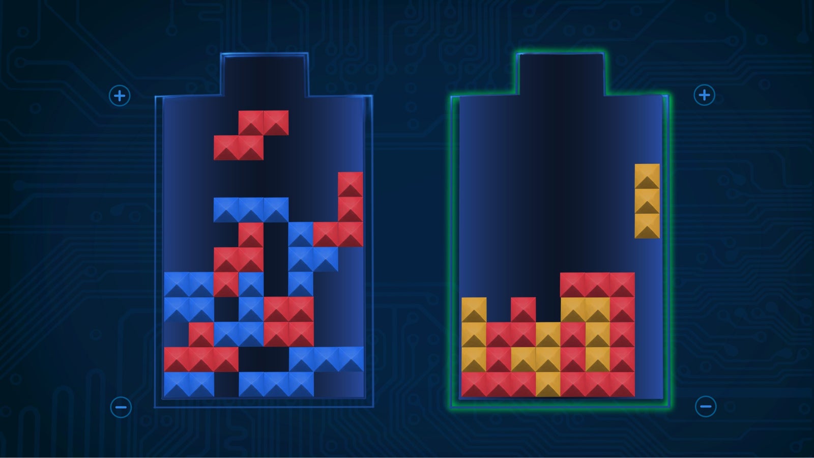 Two battery-shaped grids filled with colorful Tetris-like blocks; the left grid has a messy arrangement of red and blue pieces, while the right grid showcases a more organized stack of red, yellow, and orange blocks.