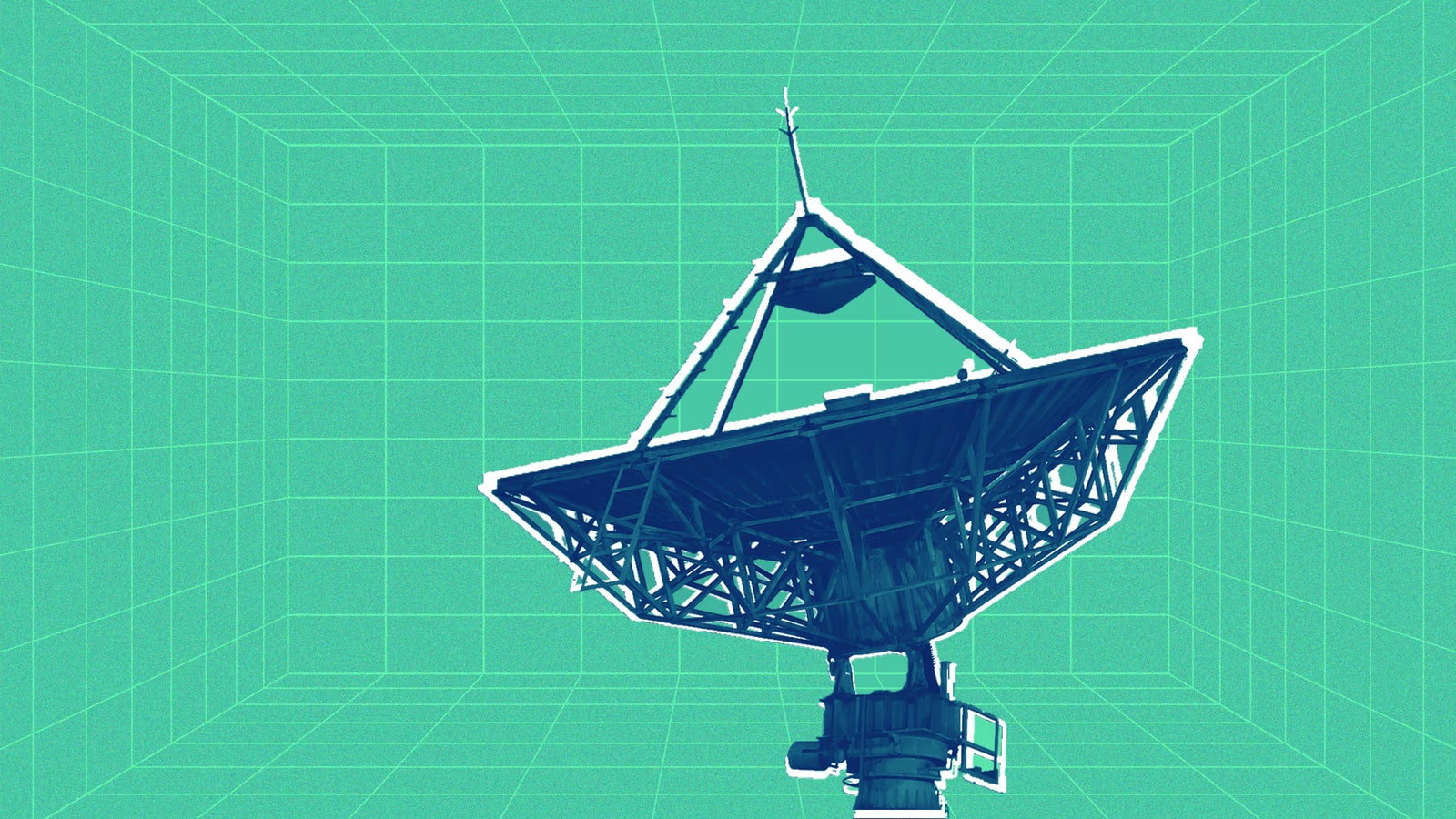 A satellite dish with a geometric structure is depicted against a vibrant teal grid background, emphasizing its angular design and metallic features.