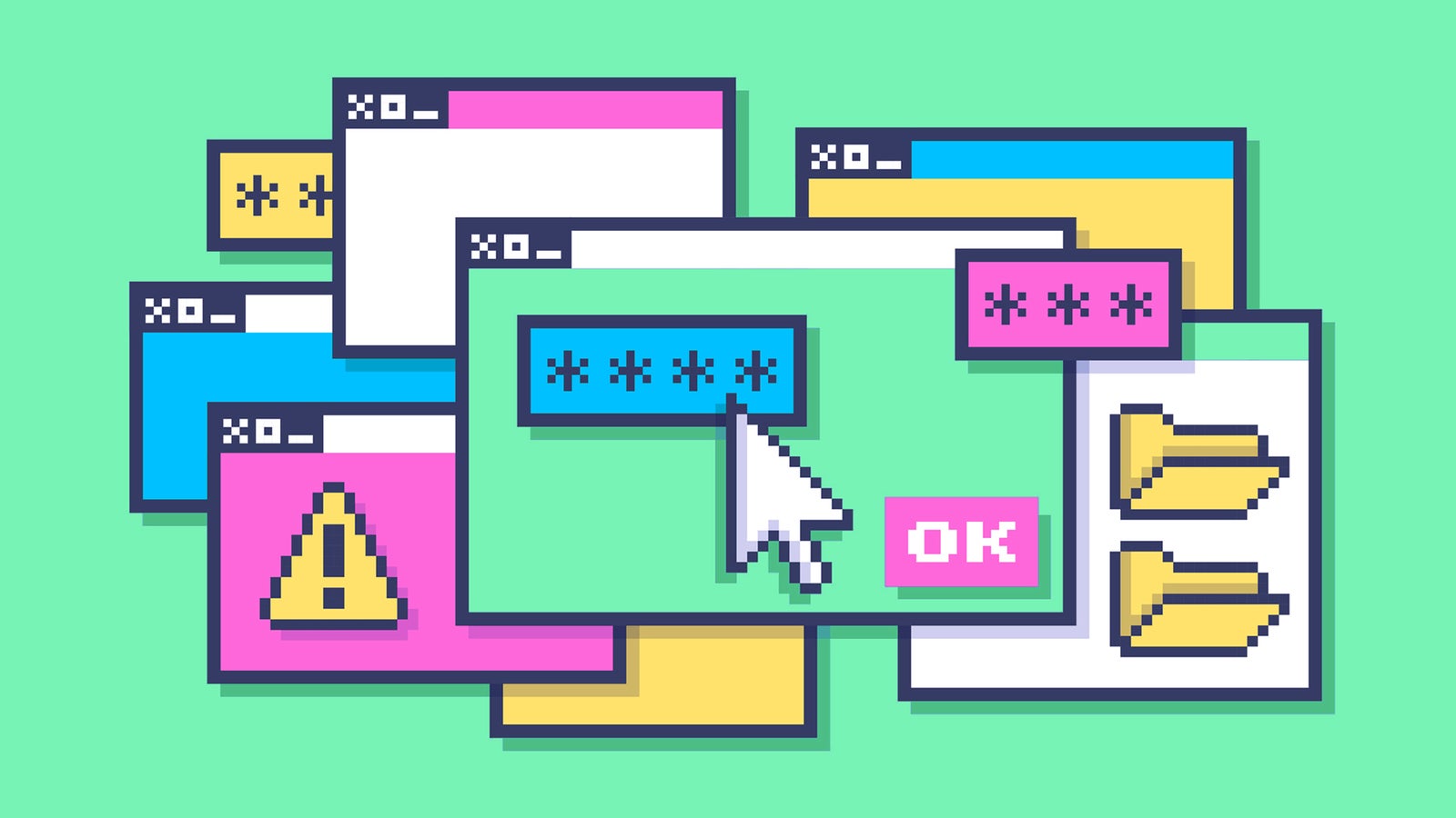 A graphic featuring multiple overlapping pixelated computer windows in various colors, including a blue password input field displaying asterisks, a warning icon in yellow, and buttons labeled 'OK', all set against a light green background.