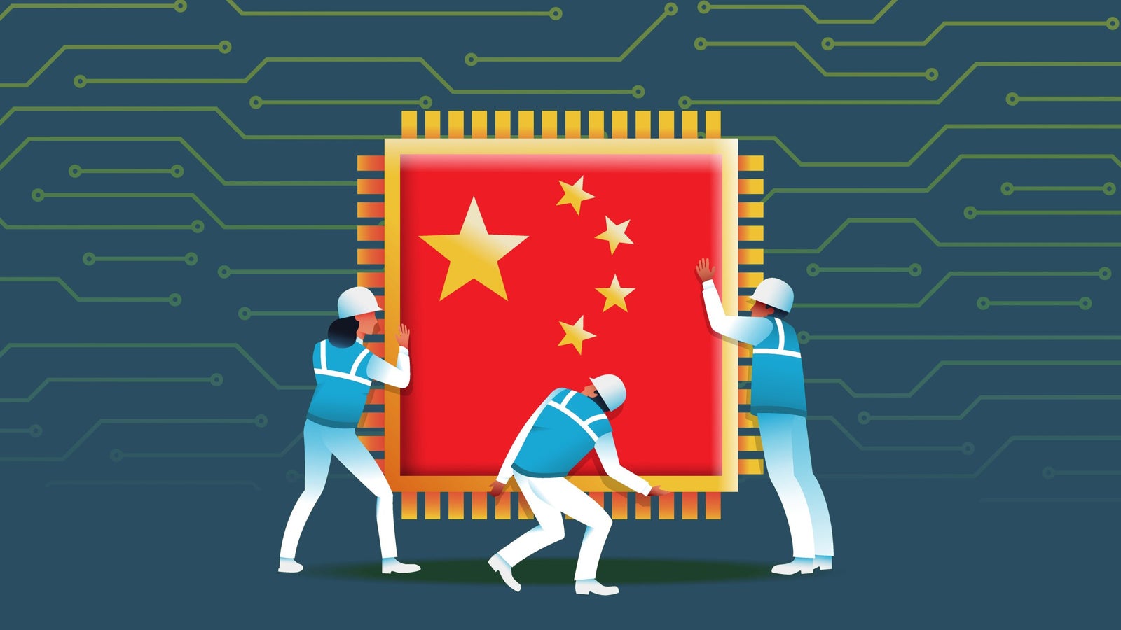 Three workers in hard hats and blue vests are handling a large microchip that displays the flag of China, set against a background of digital circuit patterns.