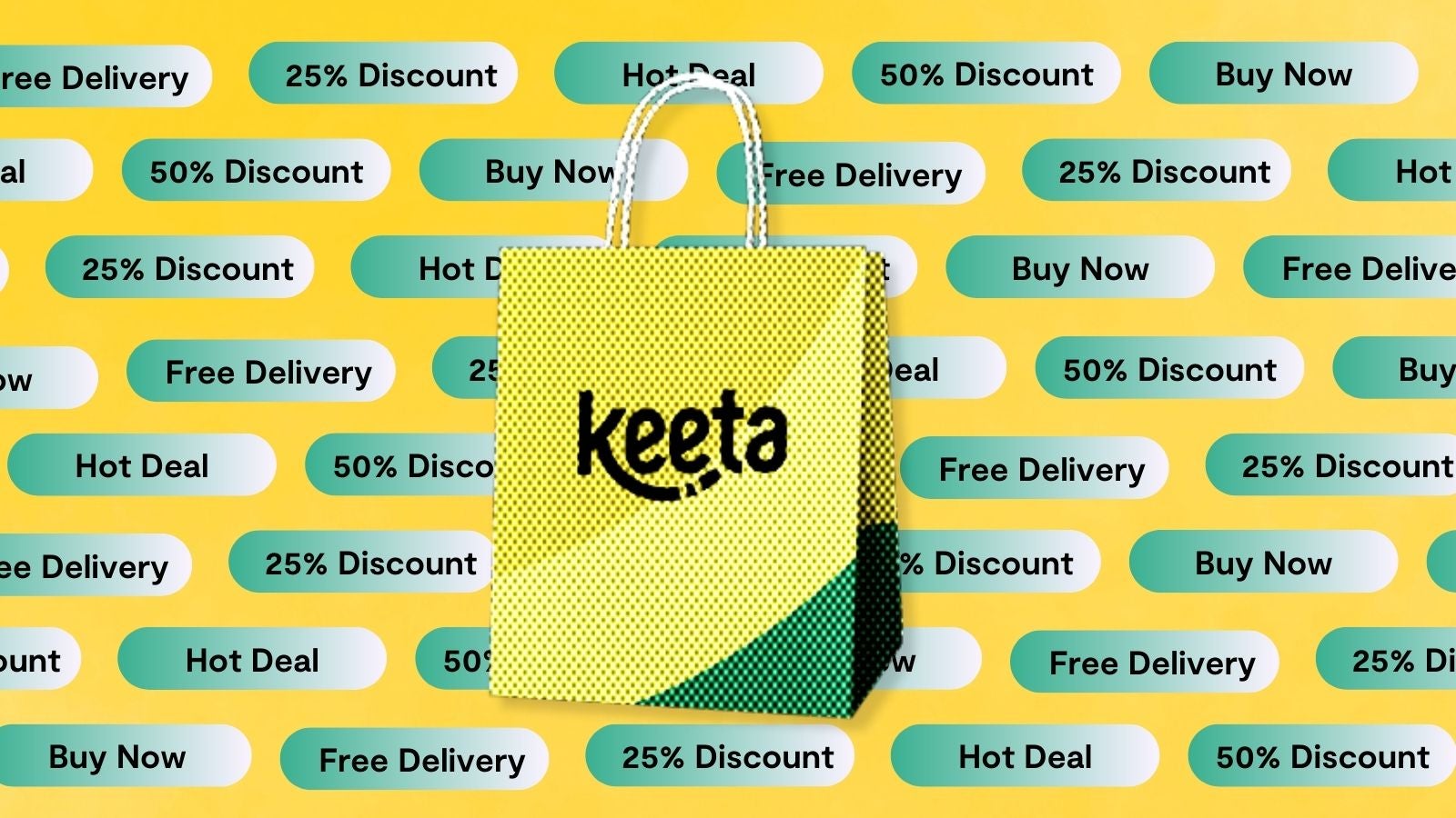A vibrant shopping bag with the brand name 'keeta' in bold black letters, set against a bright yellow background filled with various discount and delivery promotions like '50% Discount' and 'Free Delivery.' The bag features a dotted pattern and green accents.