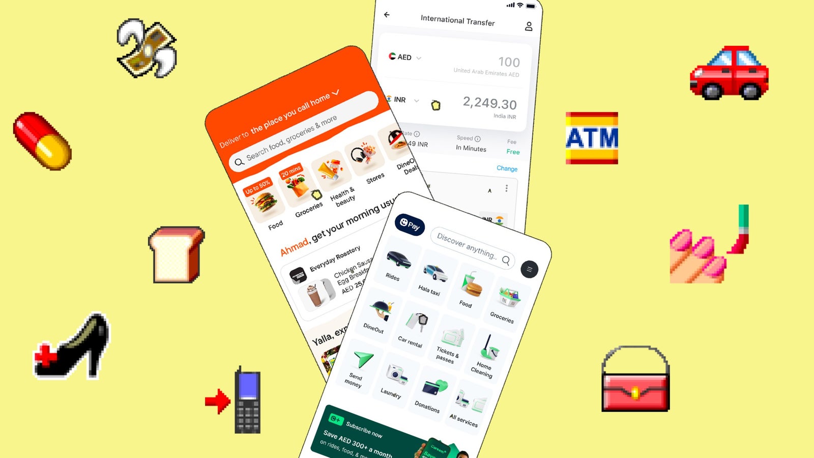 A colorful mobile app interface displayed on three smartphones, showcasing various services like food delivery, international money transfer, and ride-hailing, alongside animated icons of money, food items, and household services on a yellow background.