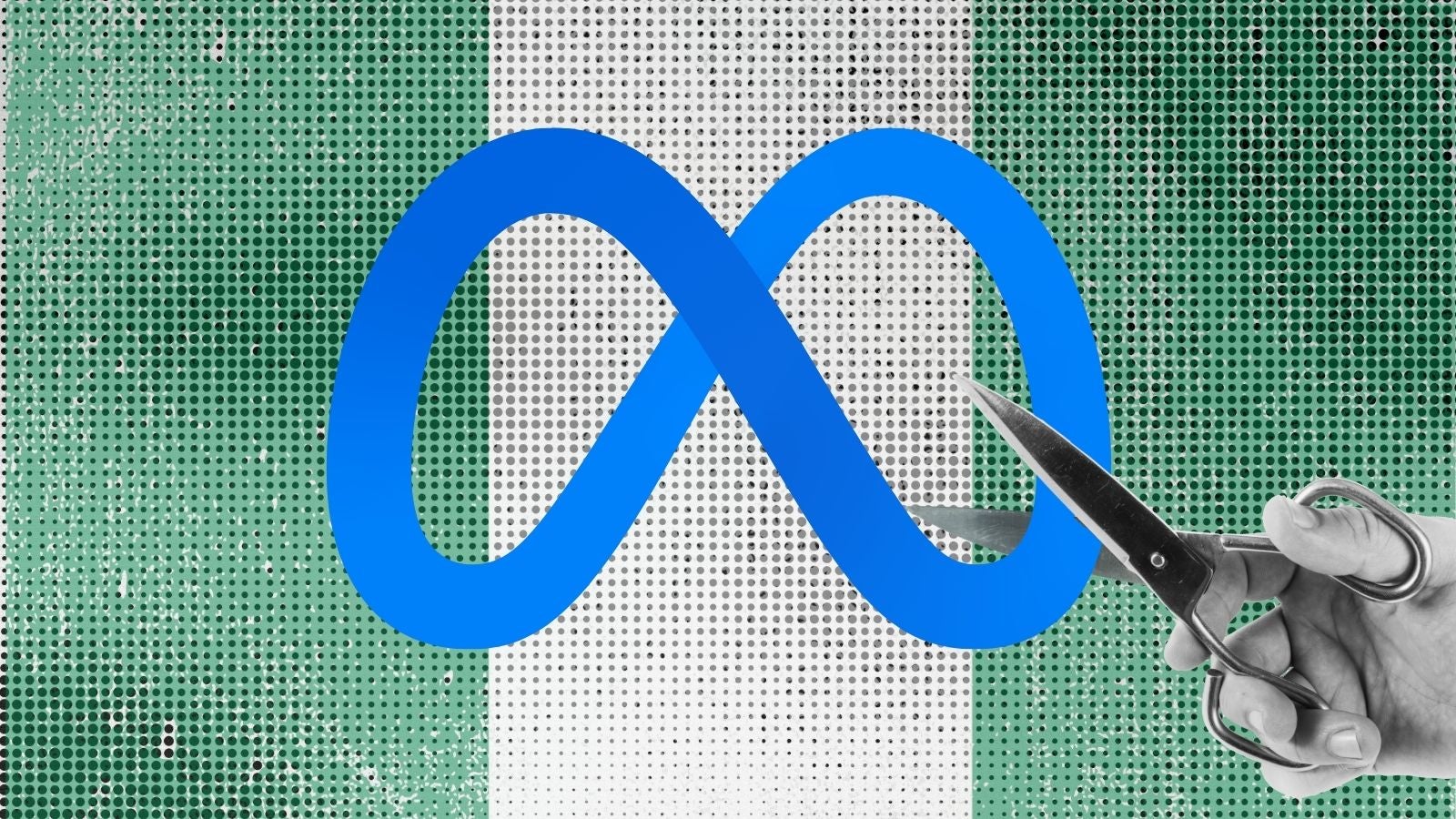 A hand holding scissors poised to cut through a large Meta logo, set against a textured background resembling the Nigerian flag with green and white stripes.