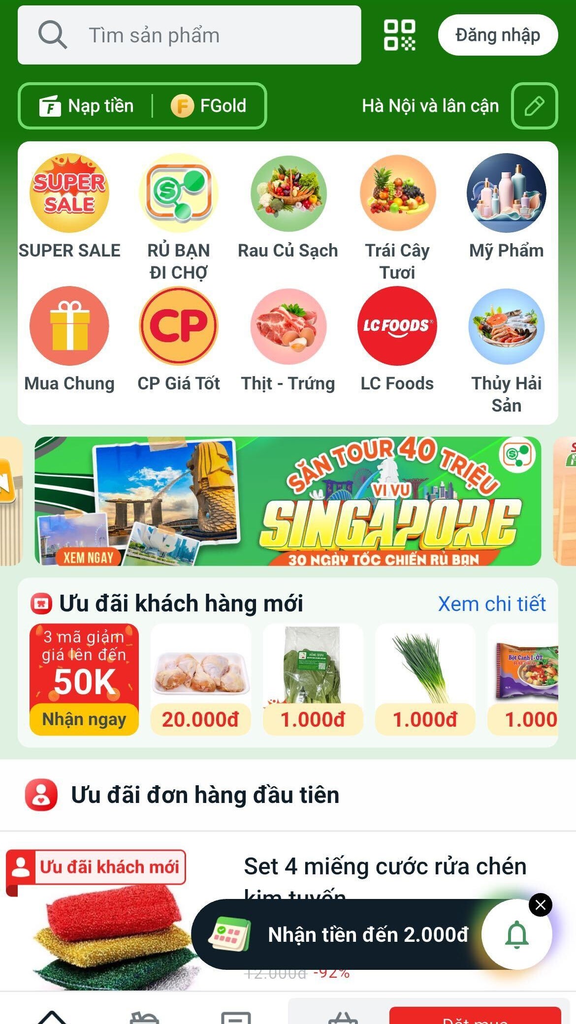 A mobile app interface of Sendo Farm displaying various product categories and promotions, including food items, hygiene products, and discounts for first-time customers. The top bar features a search function and location settings, while colorful icons indicate sections such as 'Super Sale' and 'Fresh Vegetables.' Special offers and slogans are prominently featured, with a green and white color scheme.