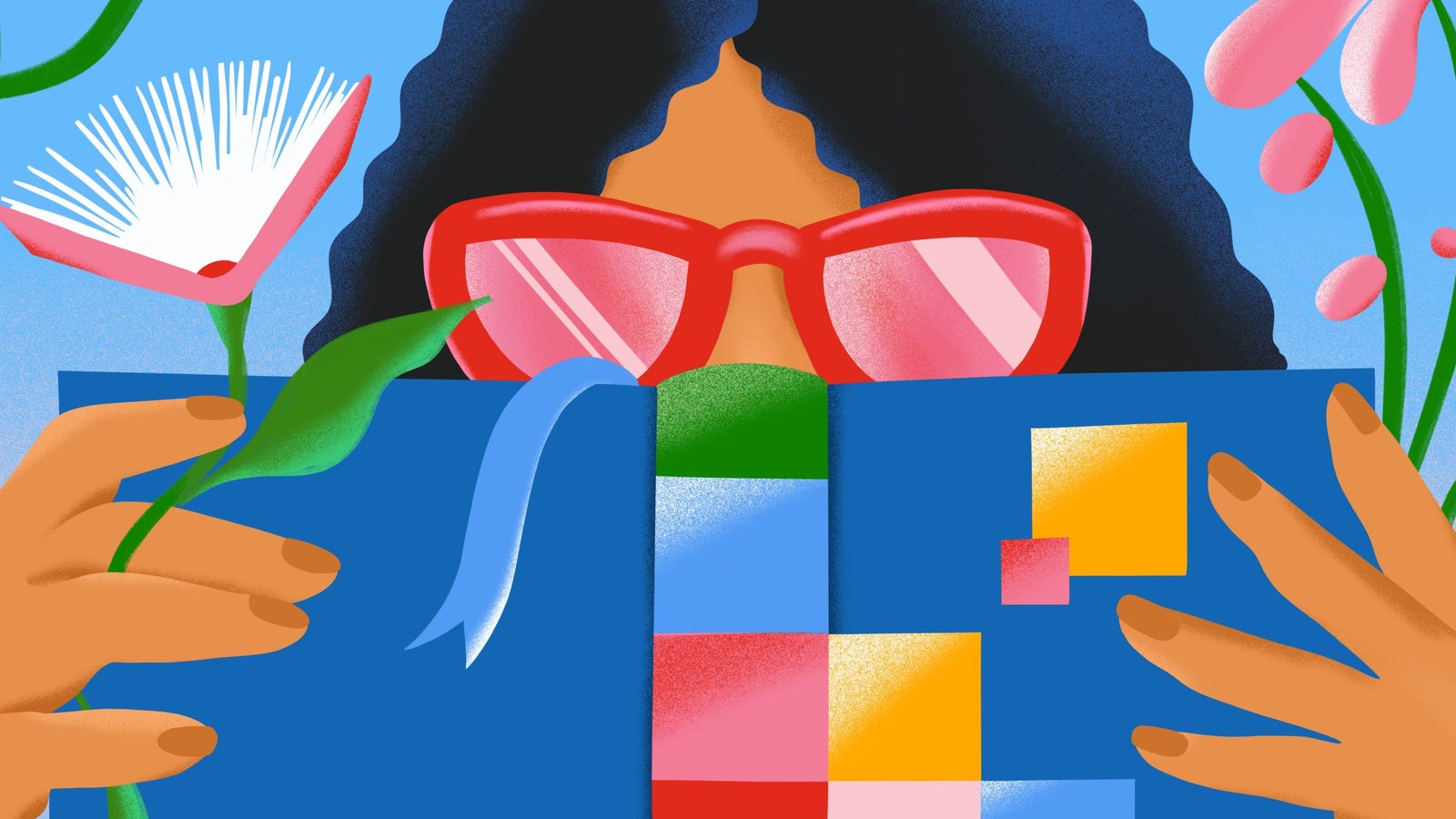 A person wearing bright red sunglasses is holding a colorful book with geometric shapes, while a pink flower and green leaves are visible in the foreground. The background is a light blue sky with additional floral elements.