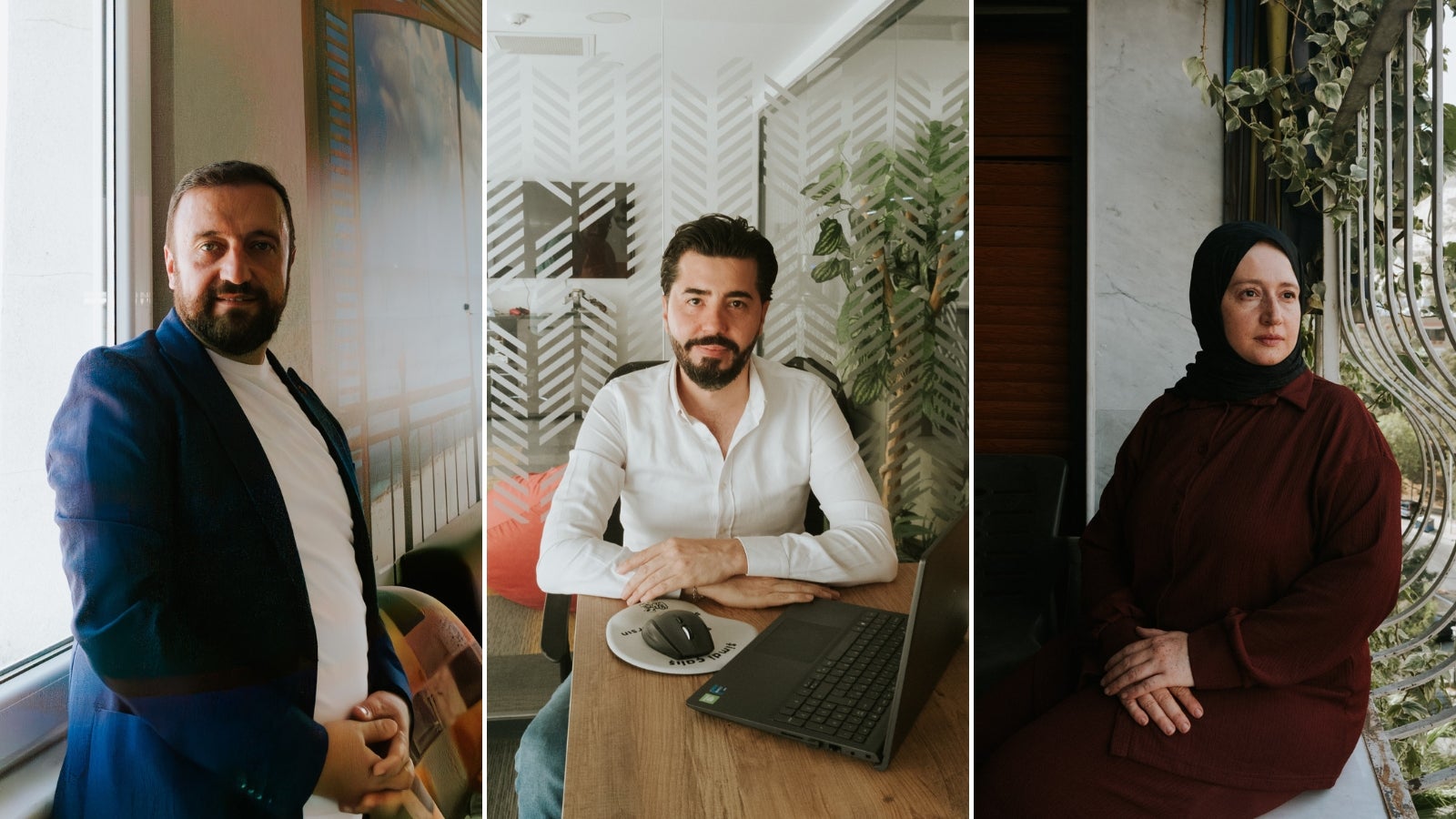 A trio of individuals in a professional setting: on the left, a man with a beard and navy blazer stands next to a window; in the center, a man with a beard in a white shirt sits at a desk with a laptop and mouse; on the right, a woman in a maroon outfit and hijab sits calmly by another window with plants in the background.