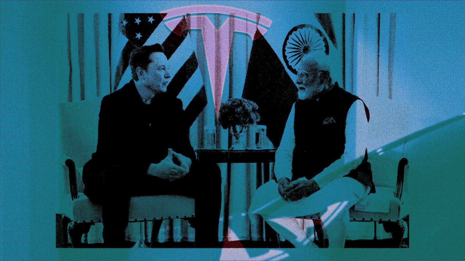 Elon Musk and Narendra Modi are seated and engaged in discussion, with an American flag and an Indian flag in the backdrop. The image is styled with a blue tint and includes a prominent Tesla logo overlay.