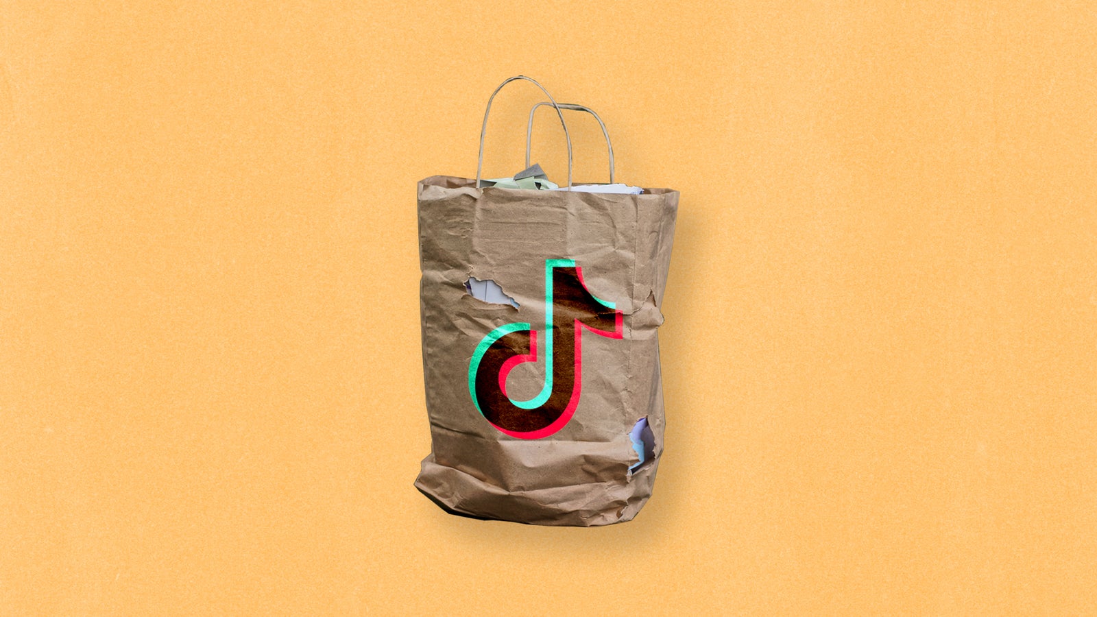 A crumpled brown paper bag with a torn section displaying the colorful TikTok logo, against a solid yellow background.