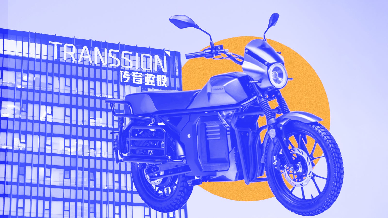 An electric motorcycle in a futuristic design is prominently displayed against a backdrop featuring the building with the name 'TRANSSION' in bright lights, accompanied by a colorful circular graphic.