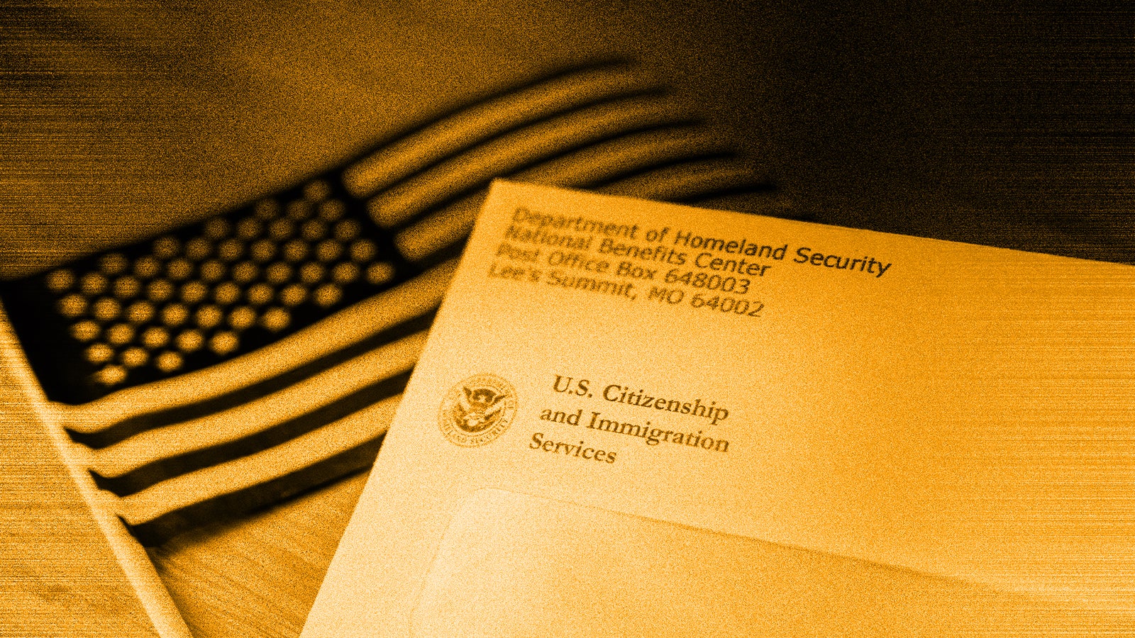 An envelope from the Department of Homeland Security, National Benefits Center, displaying a return address and the seal of U.S. Citizenship and Immigration Services, placed against a backdrop of an American flag.