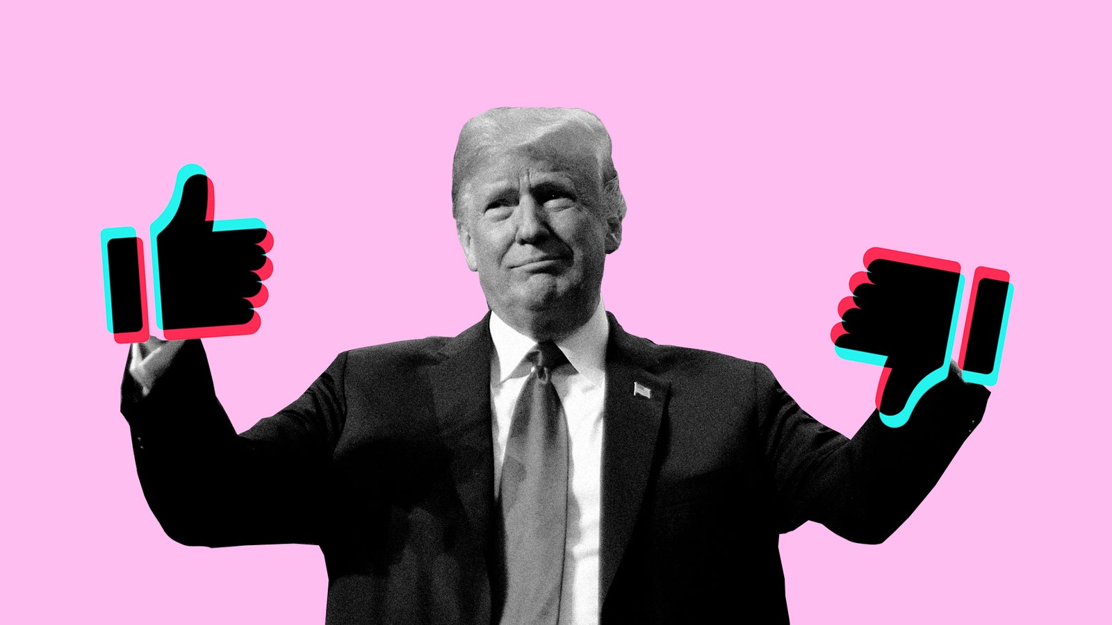 A man in a suit is smiling, holding up both a thumbs up and a thumbs down graphic against a pink background.