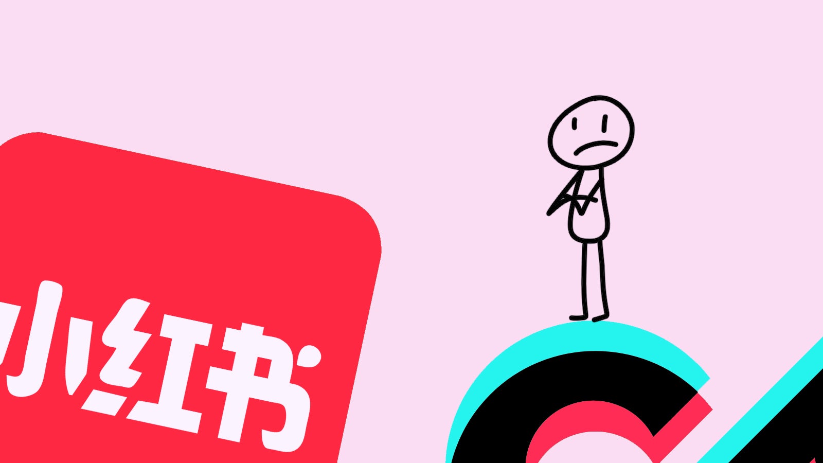 A stick figure stands on a stylized large TikTok logo with colorful curves, looking uncertain, next to a large Xiahongshou RedNote logo.