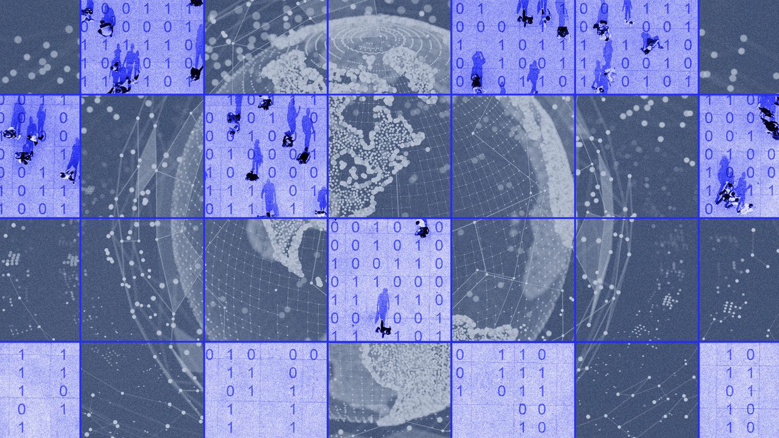 A grid-like pattern overlaying a stylized globe, featuring binary code (1s and 0s) interspersed with abstract imagery of wandering figures and digital network designs in shades of blue and gray.