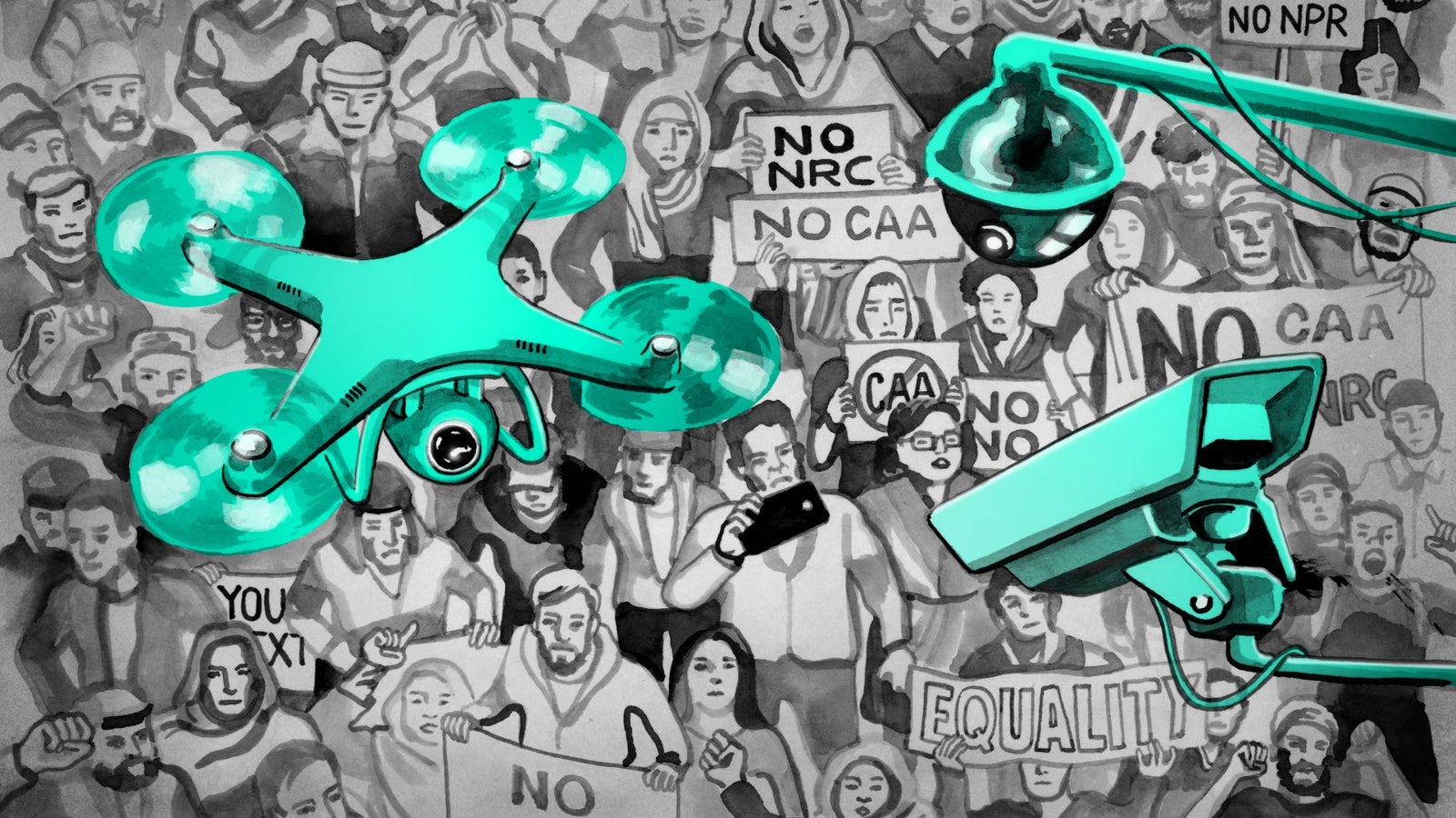 A black and white illustration with aqua highlights showing a large protest being surveilled by CCTV cameras and a drone.