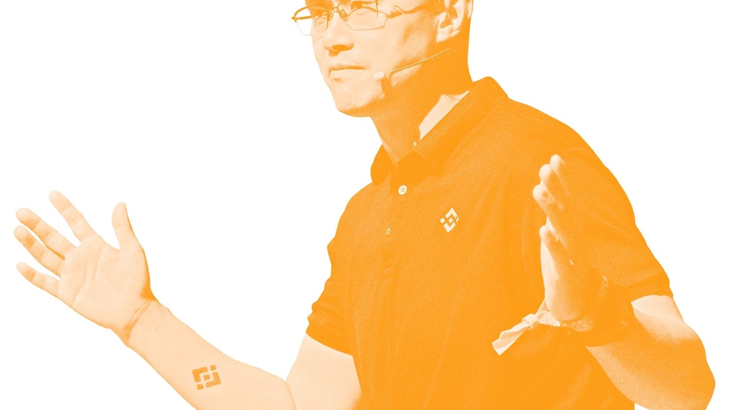 A photo of a man speaking with an orange overlay, against a white background.