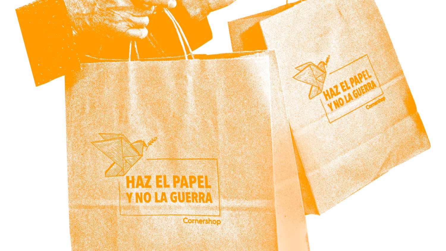 A two sets of hands passing paper grocery bags to one another with an orange overlay, against a white background.