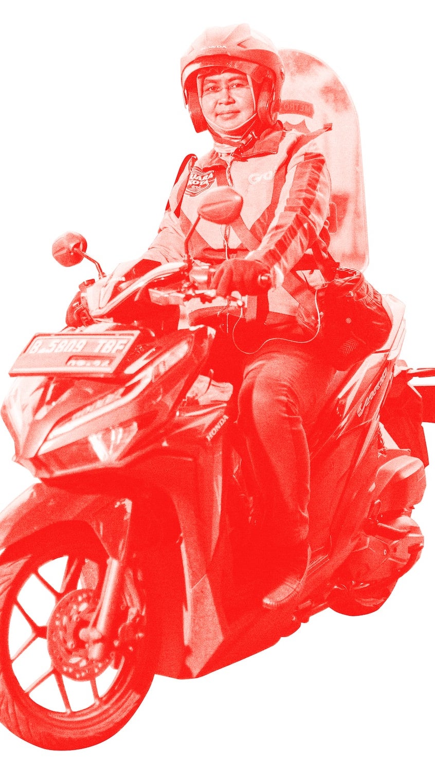 A photo of a woman seated on a motorbike with a red overlay, against a white background.