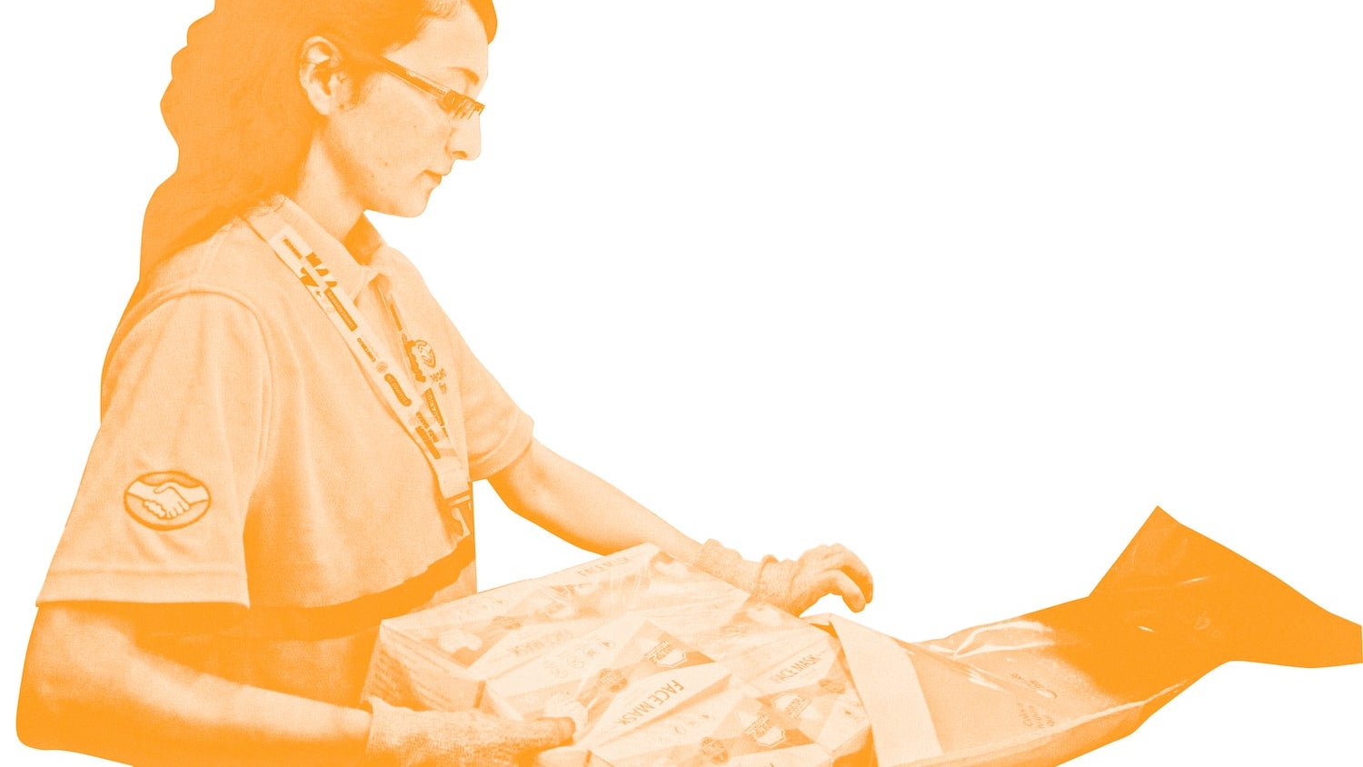 A photo of a woman assembling a package with an orange overlay, against a white background.