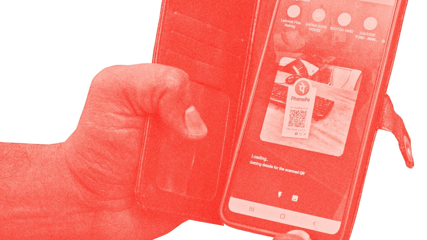 A photo of a set of hands holding a mobile phone showing a PhonePe QR code payment system with a red overlay, against a white background.