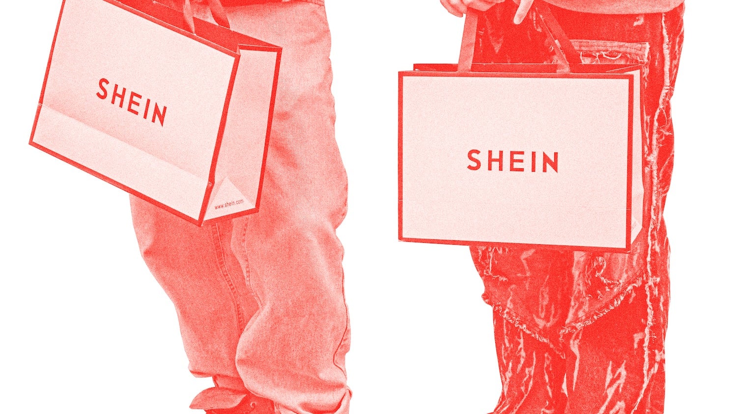 A photo showing the lower half of two people holding SHEIN bags with a red overlay, against a white background.