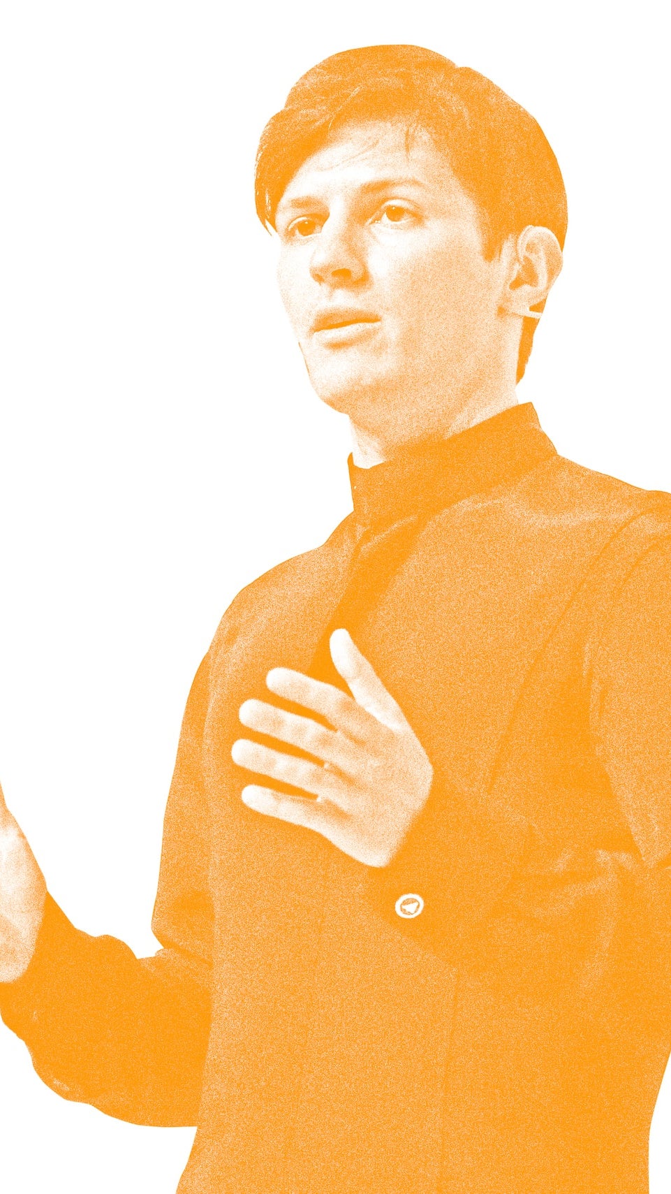 A photo of a man speaking with an orange overlay, against a white background.